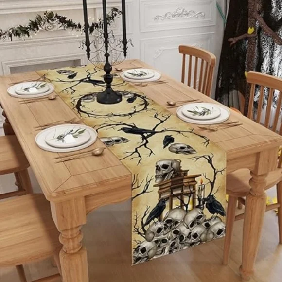 2/$20 Halloween Skull Raven Gothic Table Runner NWT - Picture 3 of 7
